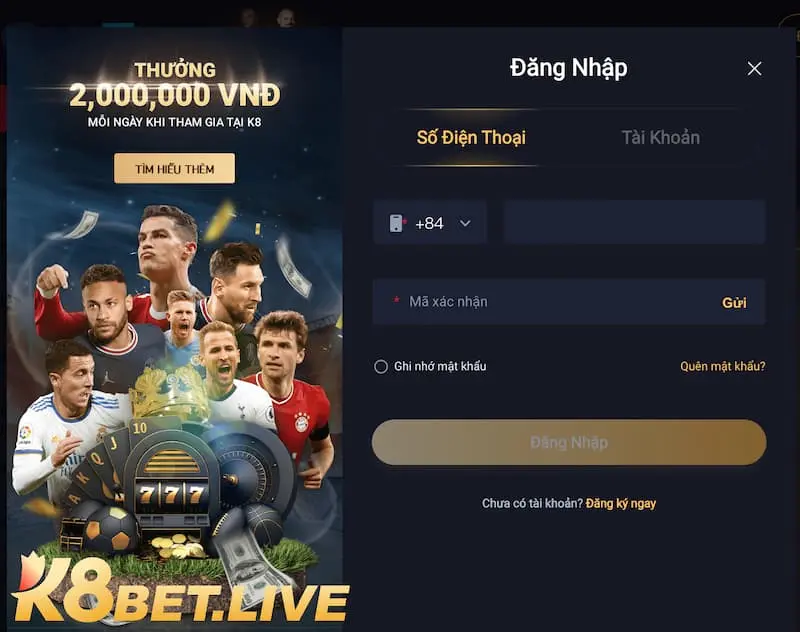 Đăng nhập K8 bằng điện thoại